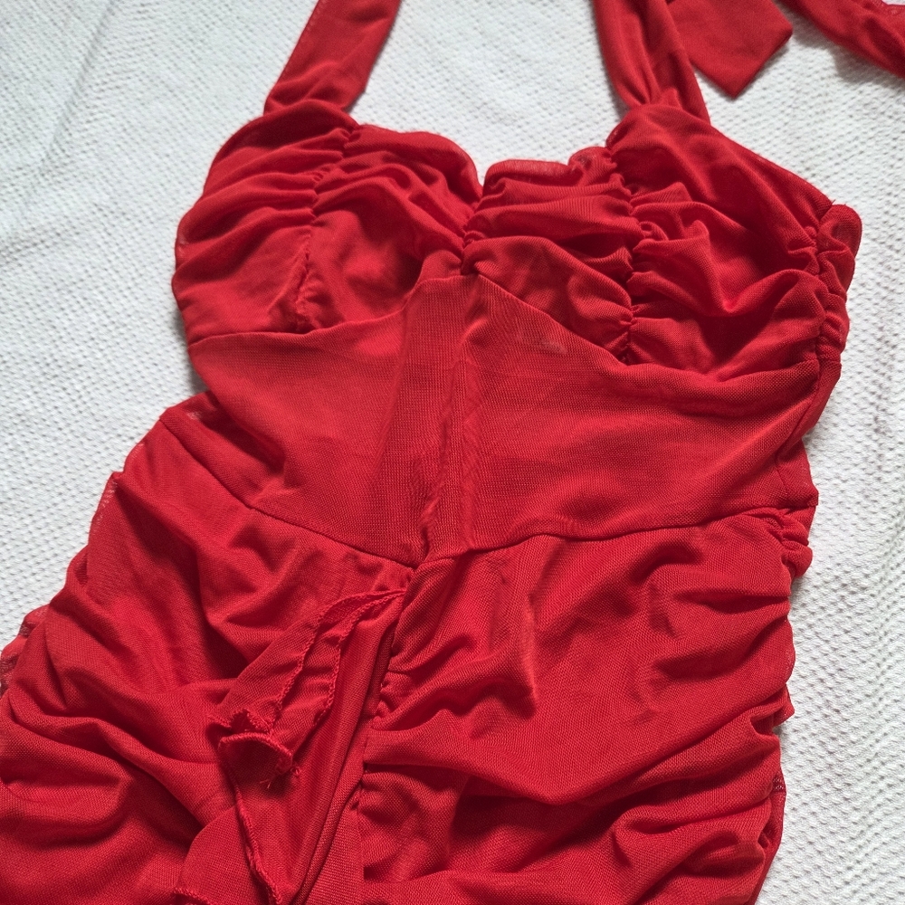 Fashion Nova Red Halter Mesh Midi Dress - Picture 5 of 7
